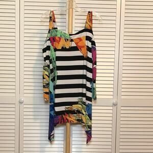 Karen T Design Abstract Striped Square Neckline Stretch Slit Long Sleeve Blouse